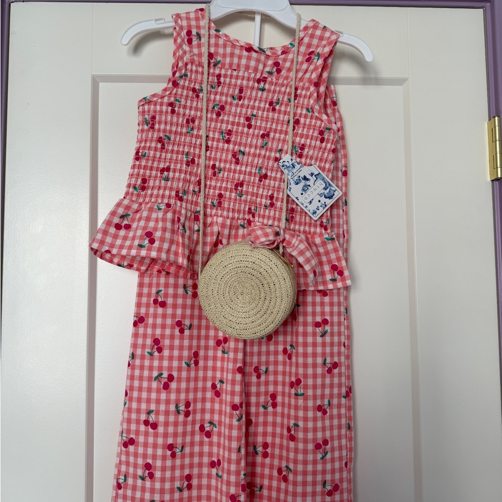 NWT Pink Cherry Gingham Toddler Tank and Pants Set with Straw Bag